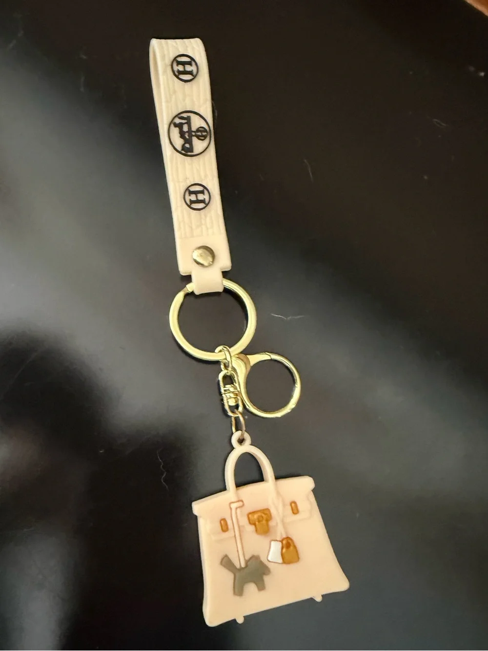 Beige Handbag Charm Silicone Keychain with Gold Hardware, NWOT
